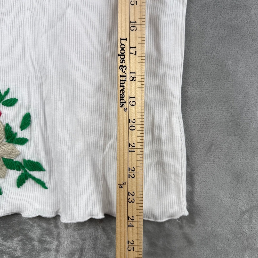 Guess Jeans Women White Ribbed Floral Embroidered Tank Top Lettuce Hem Large NEW - Picture 5 of 7